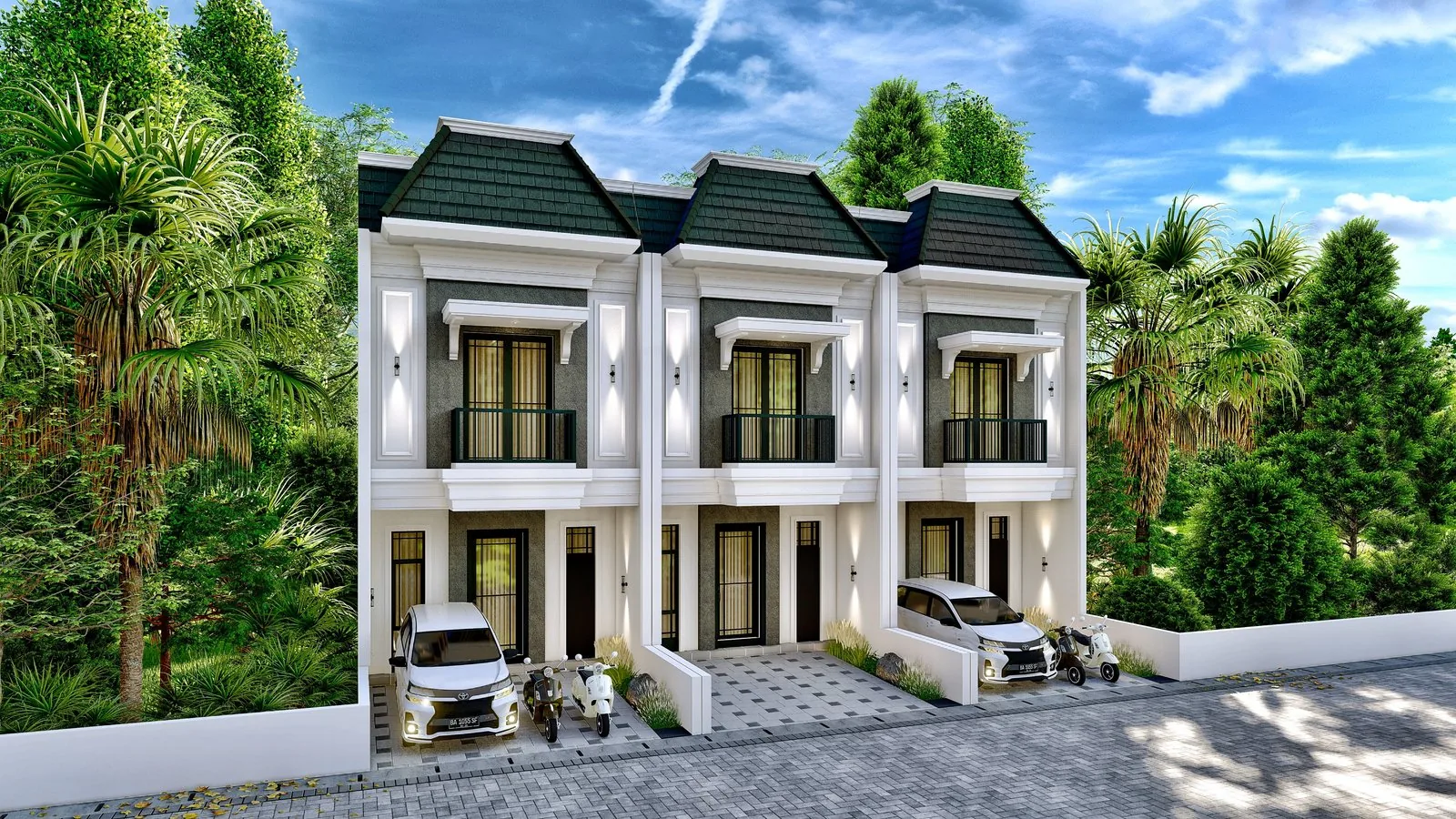 Rumah tinggal bergaya klasik dengan carport, tampak depan