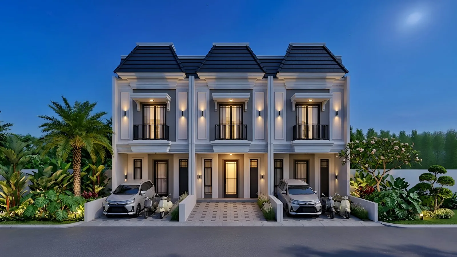 Rumah tinggal dua lantai pada malam hari dengan pencahayaan fasad
